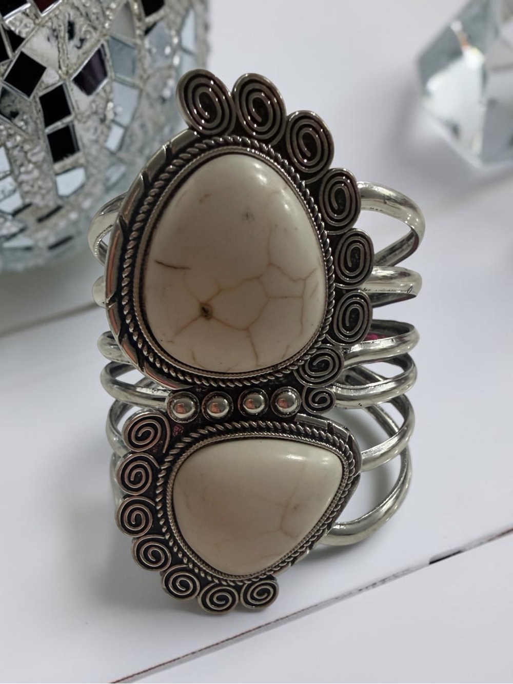 White Stone Silver-Tone Cuff Bracelet